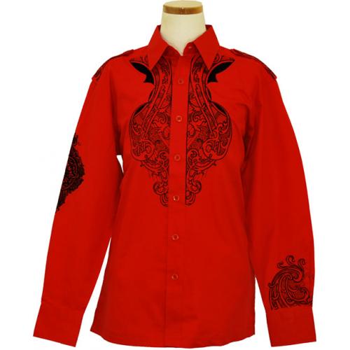 Prestige Red With Black Embroidery 100% Cotton Long Sleeve Casual Shirt COT-152